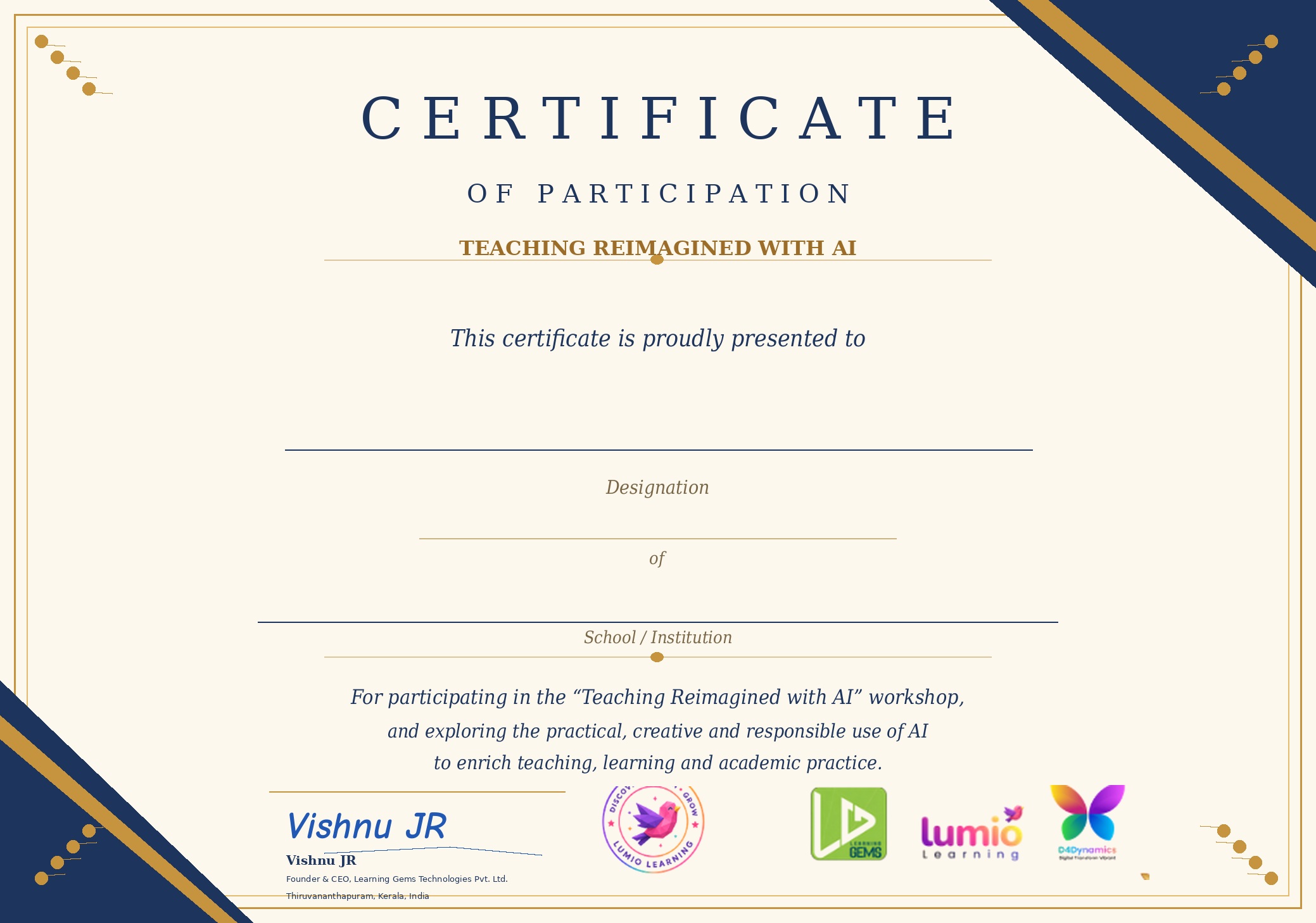 Gold and navy certificate layout with Lumio bird branding