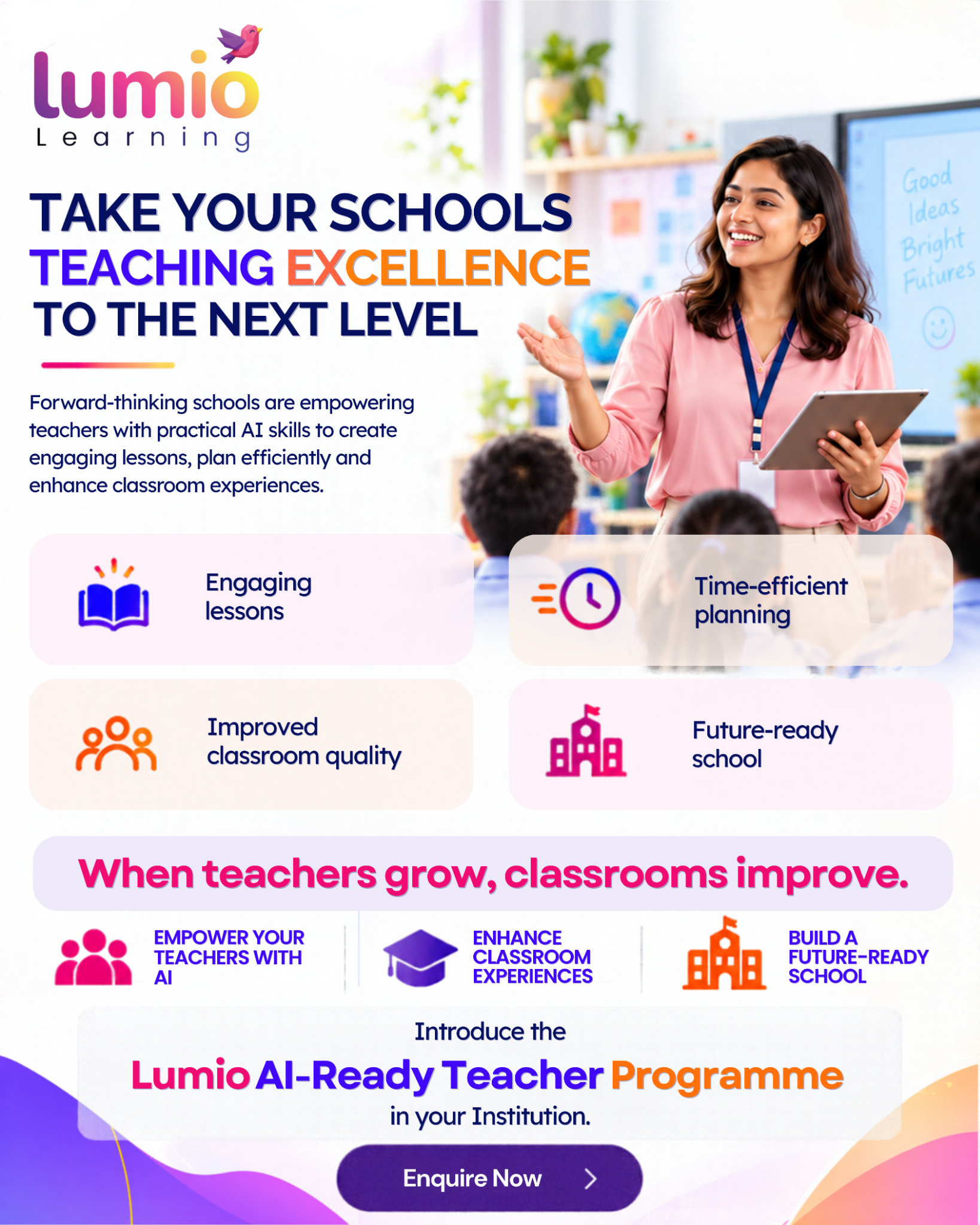 Lumio AI-Ready Teacher Programme promotional poster: empowering teachers with AI, engaging lessons, time-efficient planning and improved classroom quality