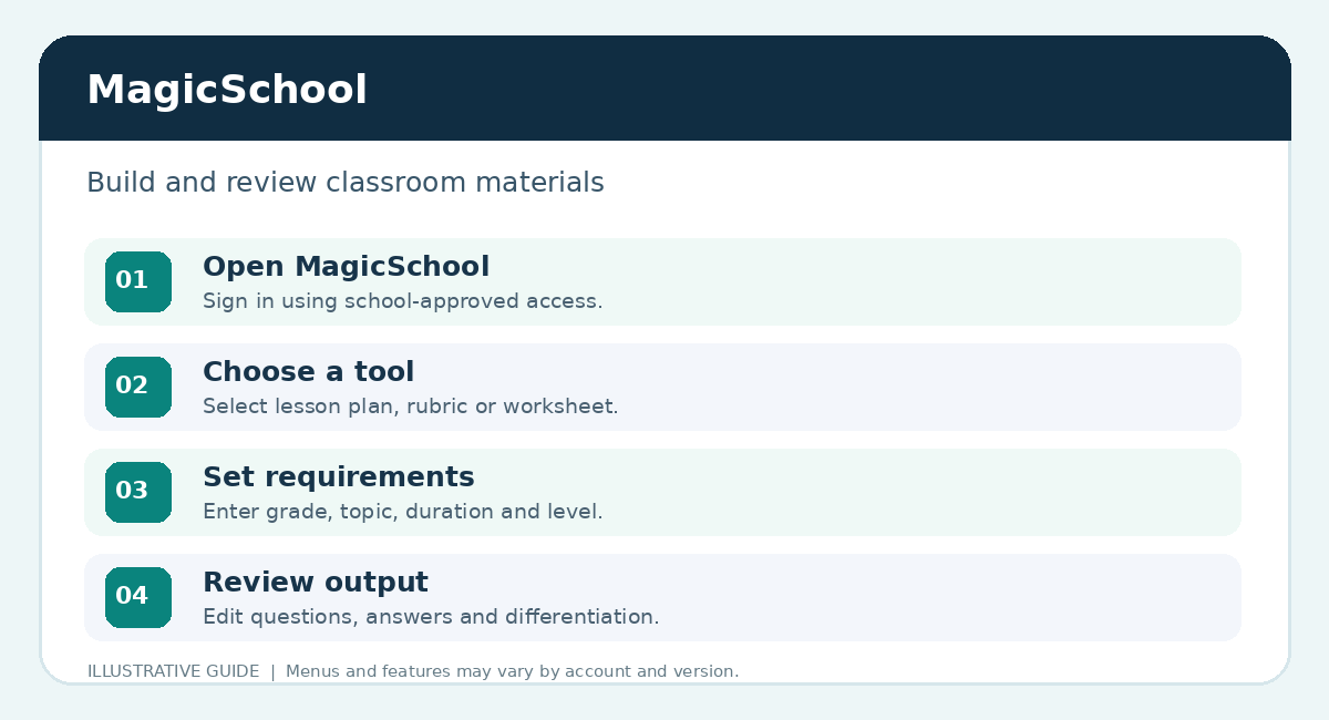 MagicSchool — illustrated user guide: four-step illustrated workflow