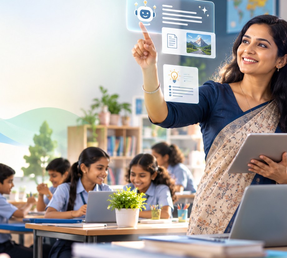 Educators using AI tools in a collaborative classroom